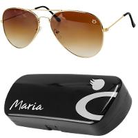 Oculos De Sol Feminino Aviador Banhado Ouro Aço Inox + Case Armação Dourada Social Lente Marrom - 1