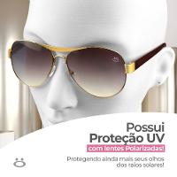 Oculos De Sol Feminino Aviador Banhado Ouro Aço Inox + Case Armação Dourada Social Lente Marrom - 3