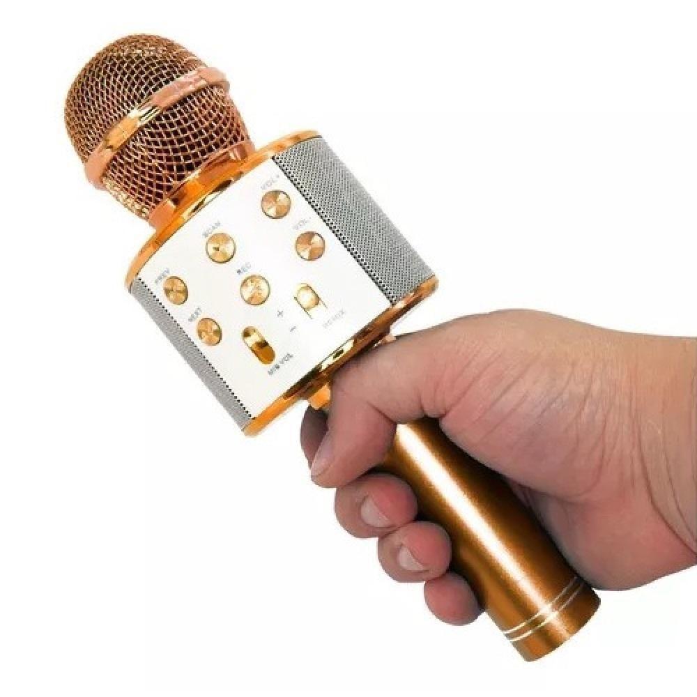 Microfone Karaokê Bluetooth Portátil Com Mixer E Controle De Efeitos Recarregável E Compacto Dourado Bivolt - 7