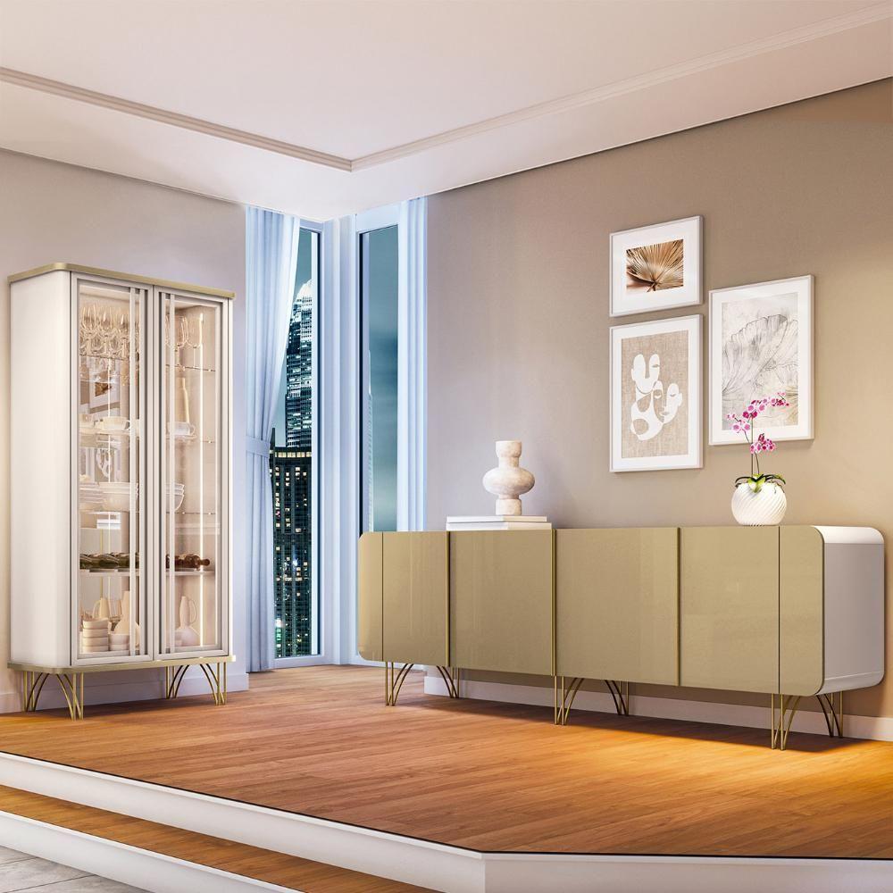 Balcão Buffet Piacente Com Cristaleira Alvora Off/champanhe H01 - Mpozenato - 2