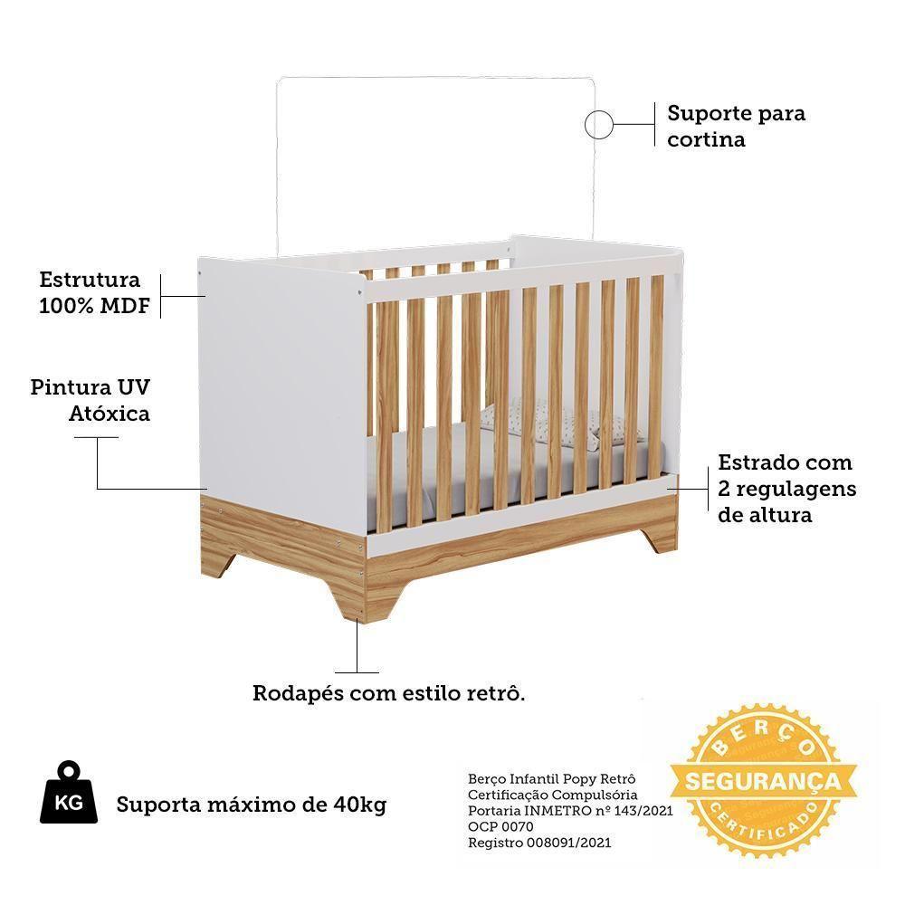 Berço Americano Popy Retrô 3 Em 1 Branco Brilho/amêndoa Com Colchão Supreme - Móveis Peroba - 3