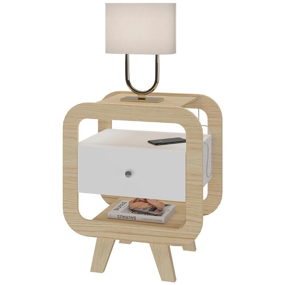 Mesa De Canto Lateral 55cm Para Quarto Nora Naturale/branco A09 - Mpozenato - 2
