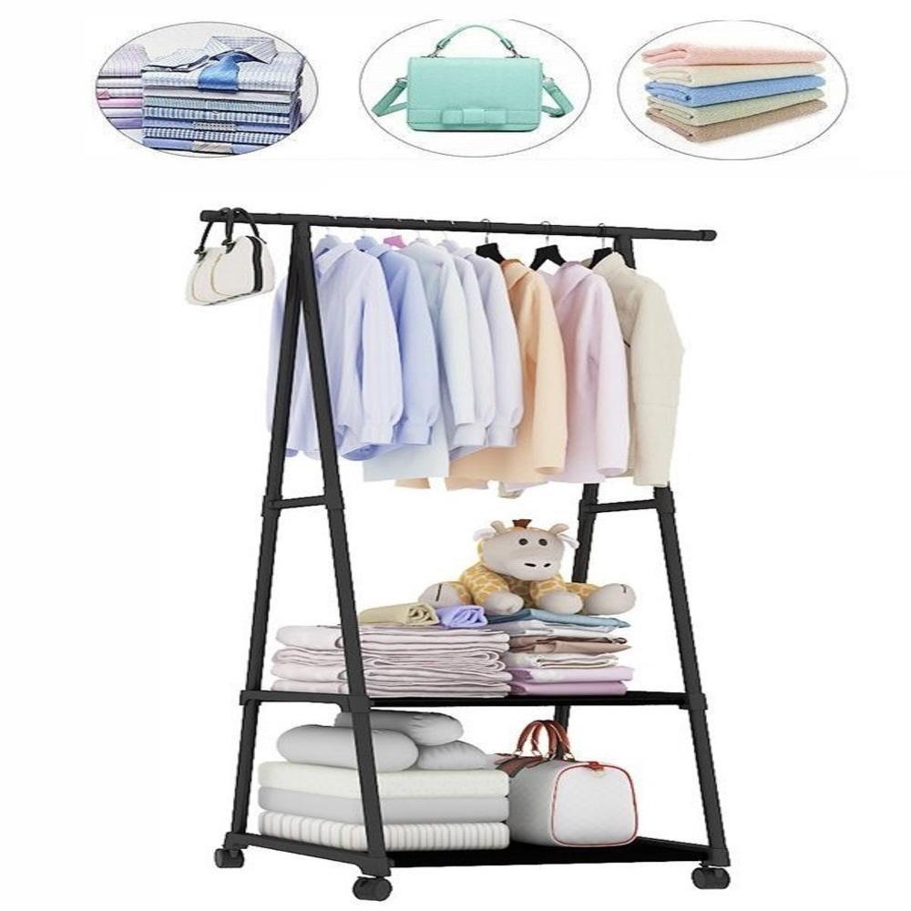 Armário Portátil Com Rodinhas Arara De Roupas Com 2 Prateleiras E Sapateira Organizador Multiuso Preto - 2