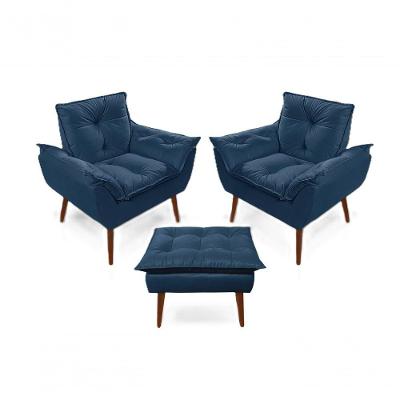 2 Poltronas Opala Com 1 Puff Decorativa Confortável Para Sala Quarto Recepção Suede Luxo azul Marinho