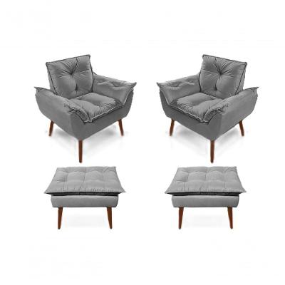 2 Poltronas Opala com 2 Puffs Decorativas Confortáveis para Sala, Quarto, Recepção - Suede Luxo Cinza Claro