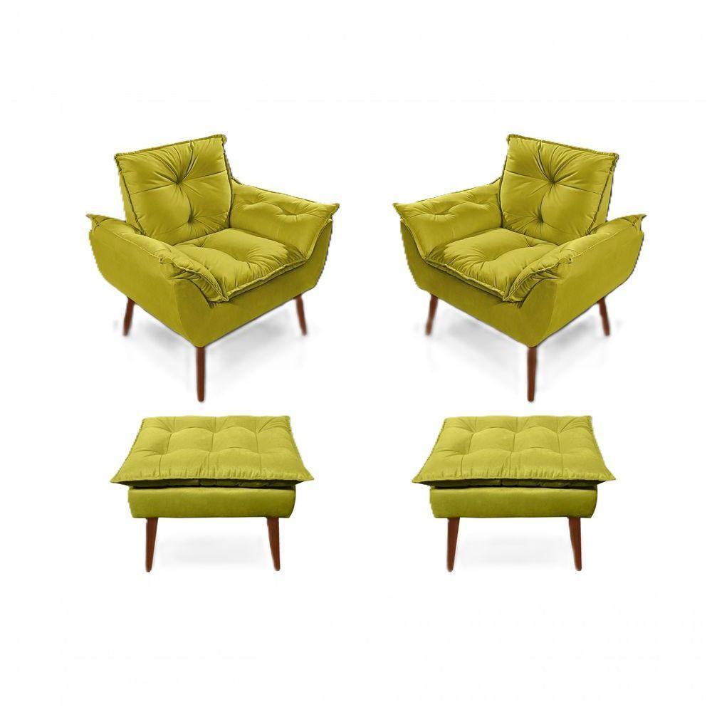 2 Poltronas Opala com 2 Puffs Decorativas Confortáveis para Sala, Quarto, Recepção - Suede Luxo Amarelo - 1