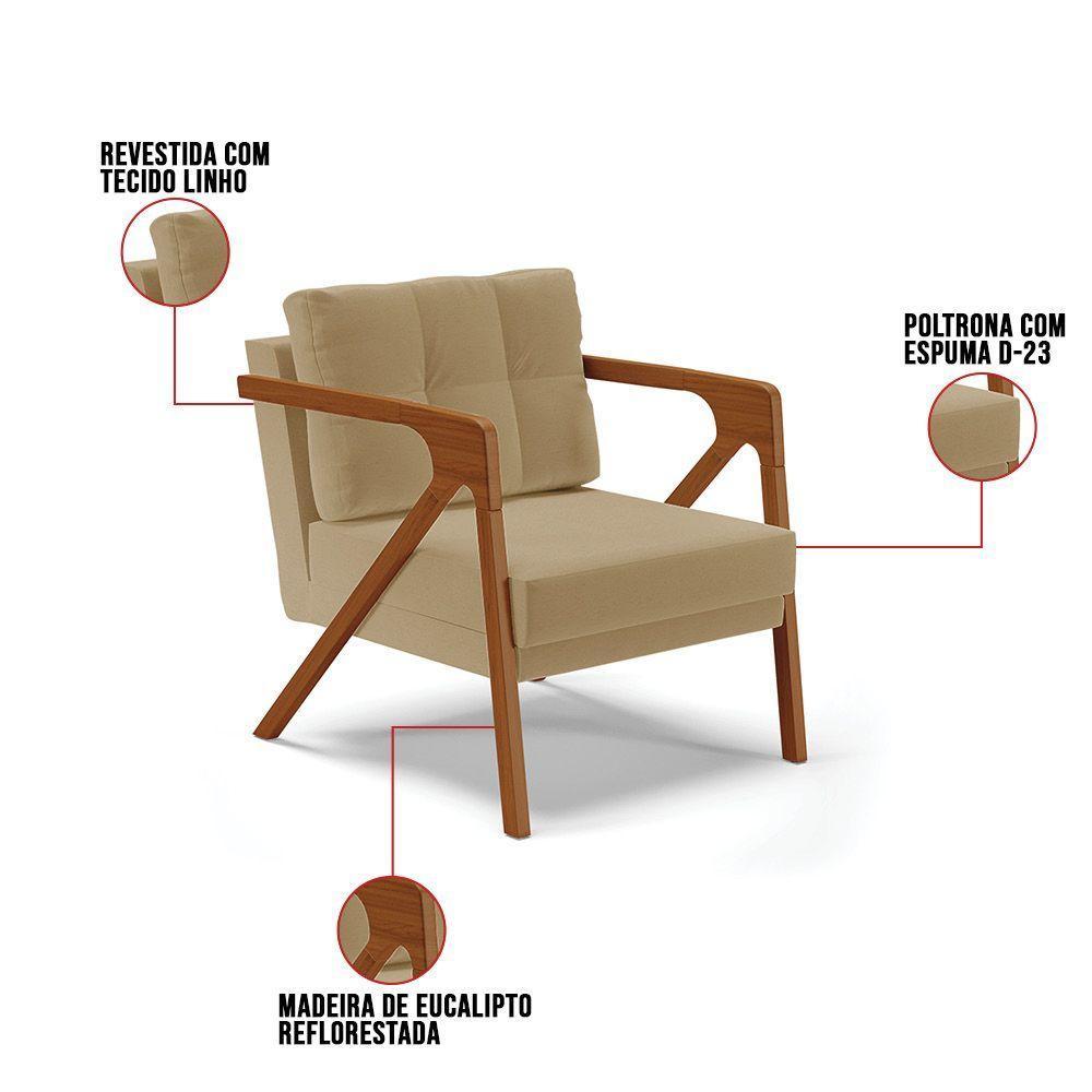 Kit 02 Poltronas Linho Base De Madeira Castanho A32 Bege - 2