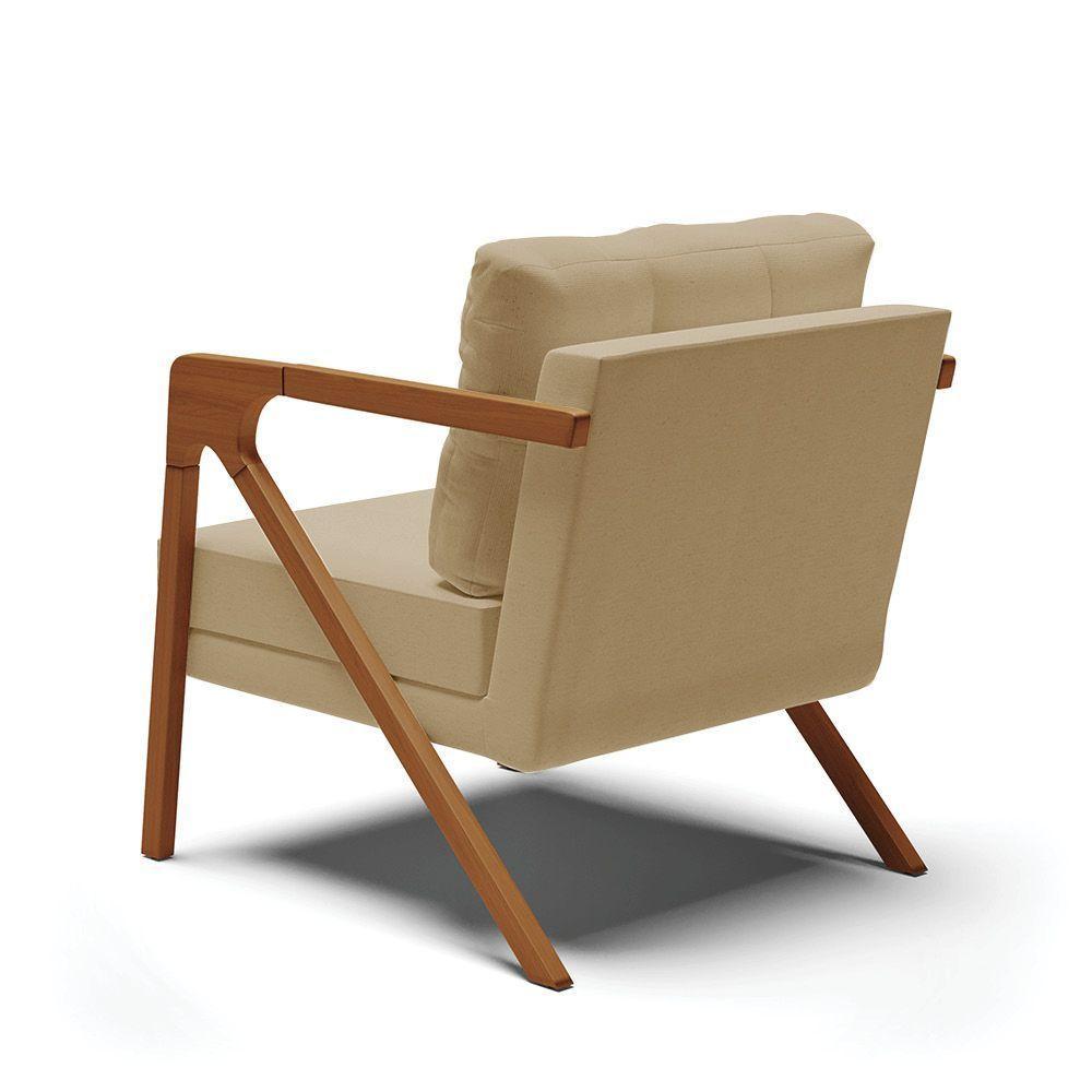 Kit 02 Poltronas Linho Base De Madeira Castanho A32 Bege - 4