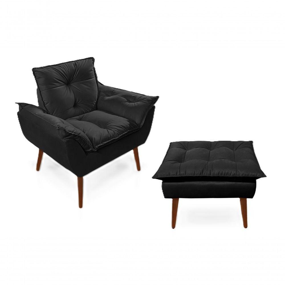 Poltronas para Amamentação com 1 Puff Decorativas Confortáveis para Sala, Quarto, Recepção - Suede Luxo Preto - 1