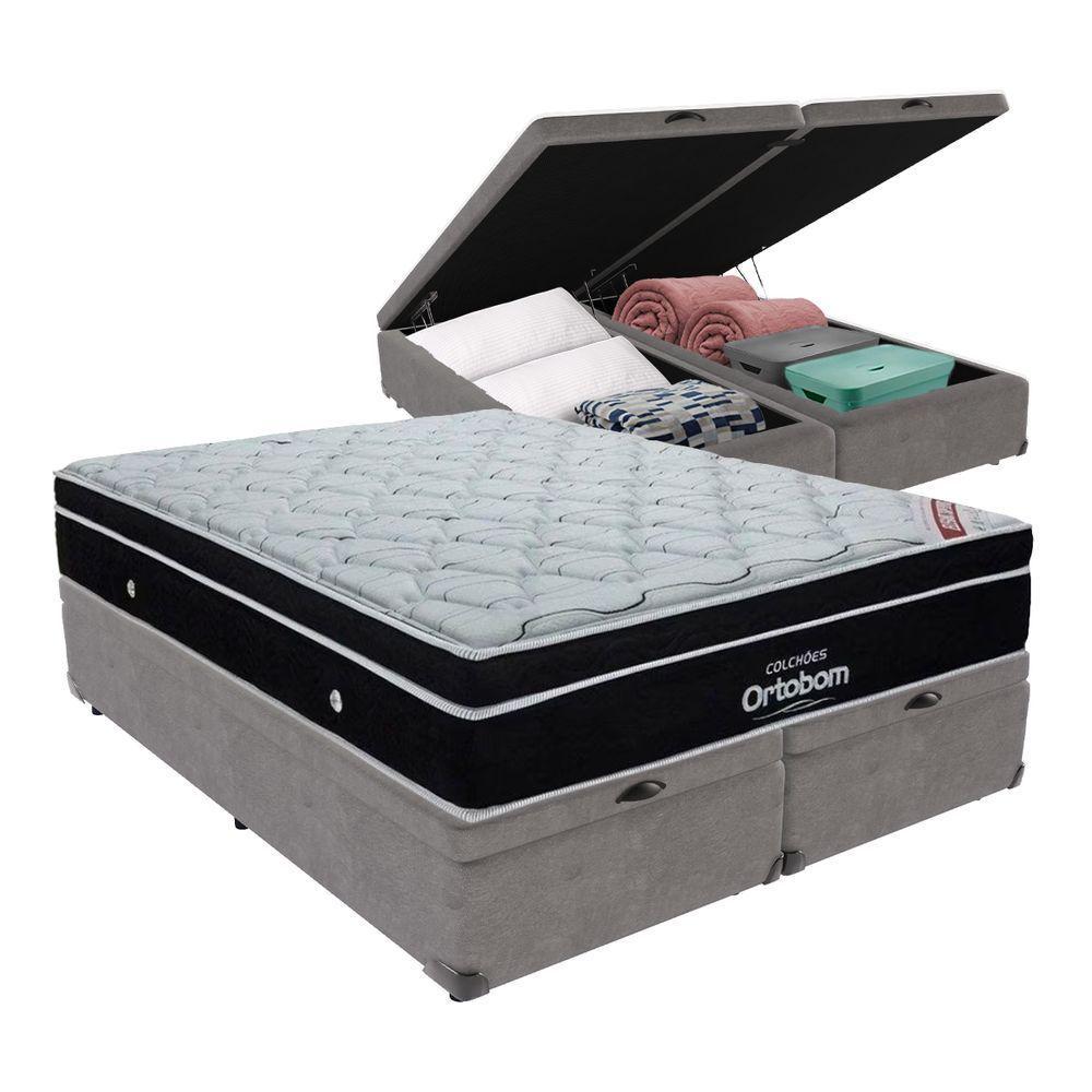 Cama+ Box Com Bau Ortobom Colchão Queen Com Molas Ensacadas Cinza - 1