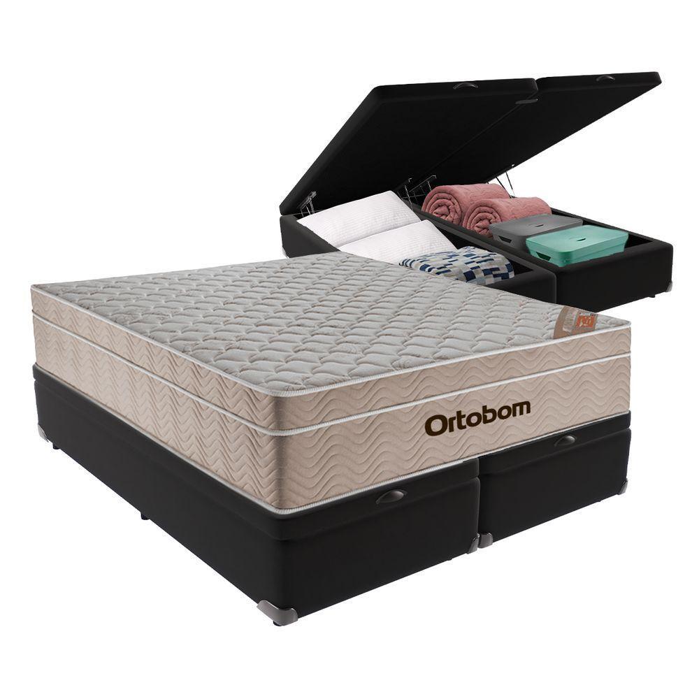 Cama + Box Airtech Colchão Ortobom Queen Com Baú Bege Springpocket Preto - 1
