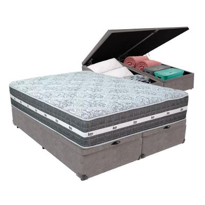 Cama Box Com Baú Bege E Colchão Queen Black Grafit Anjos Cinza