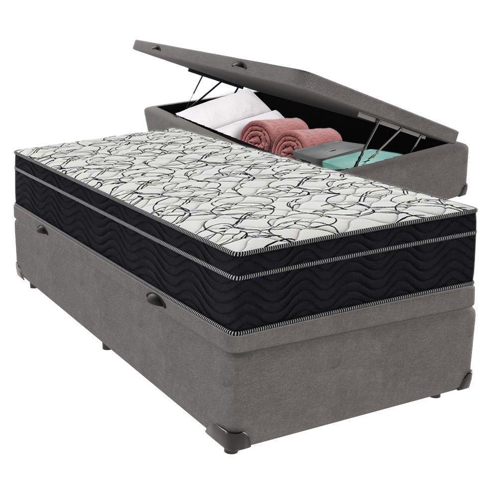 Cama + Box Com Bau Solteiro Colchão Extra Firme Airtech Ortobom D45 Cinza - 1