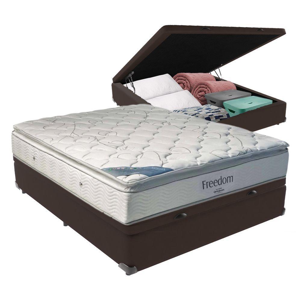 Cama + Box Com Baú Casal E Colchão Freedom Ortobom D33 Marrom - 1