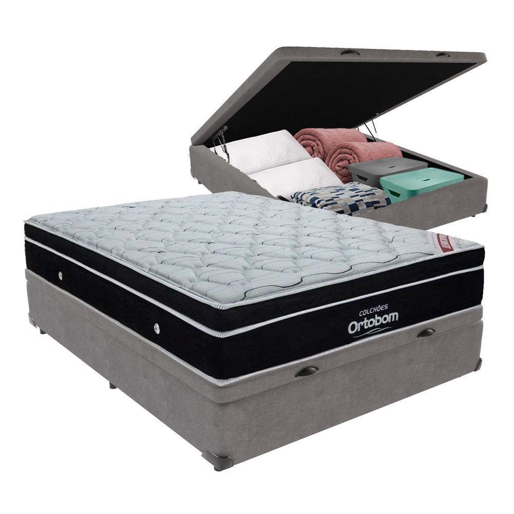 Cama + Box Casal Com Base Baú Europillow Mola Ensacada Cinza - 1