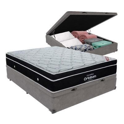 Cama + Box Casal Com Base Baú Europillow Mola Ensacada Cinza