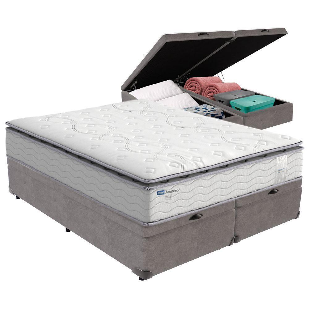 Cama Box Baú Queen E Colchão Molas Ensacadas Amsterdã Probel - Cinza - 1