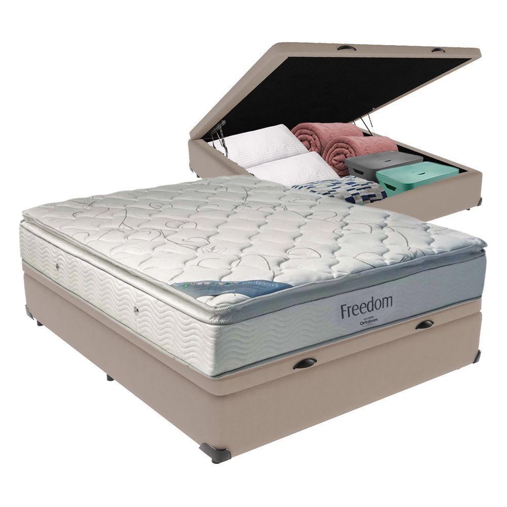 Cama + Box Com Baú Casal E Colchão Freedom Ortobom D33 Bege - 1
