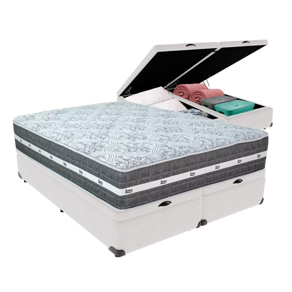 Cama Box Com Baú Bege E Colchão Queen Black Grafit Anjos Branco - 1