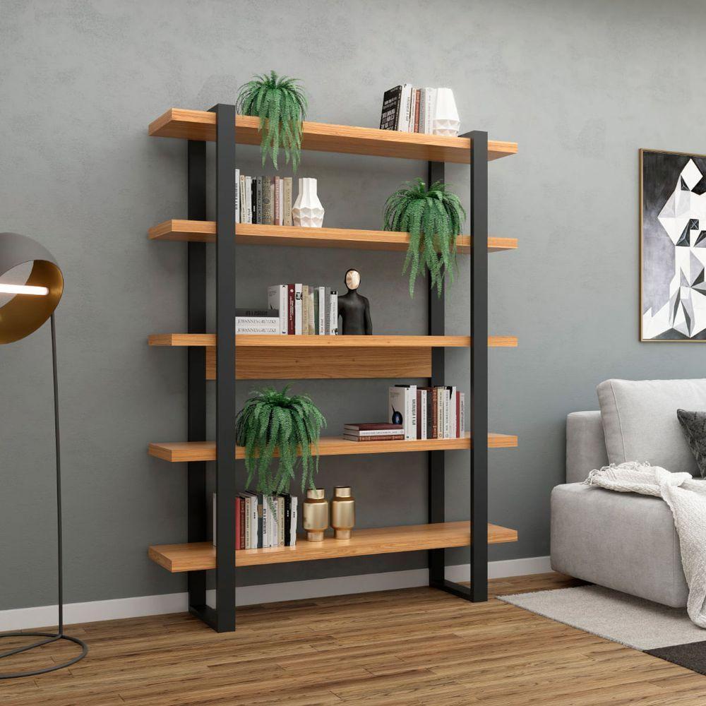 Estante Para Livros 5 Prateleiras Em Mdf Freijó/preto Fosco 135 X 29 X 175 Cm F10 Dalla Costa - 1