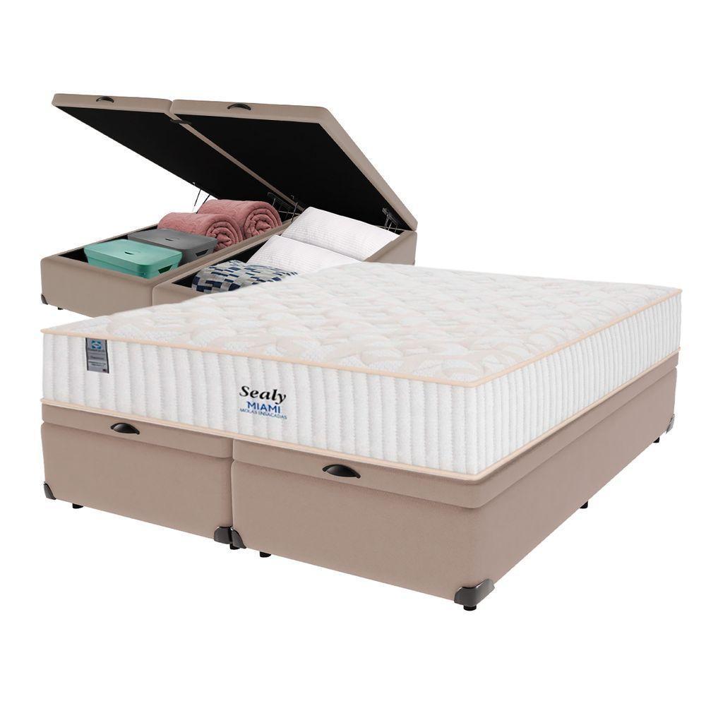Cama Box Baú Bege E Colchão Queen Miami Molas Ensacadas Euro Pillow Sealy - 1