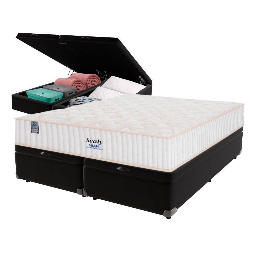 Cama Box Baú Preto E Colchão King Miami Molas Ensacadas Euro Pillow Sealy - 1