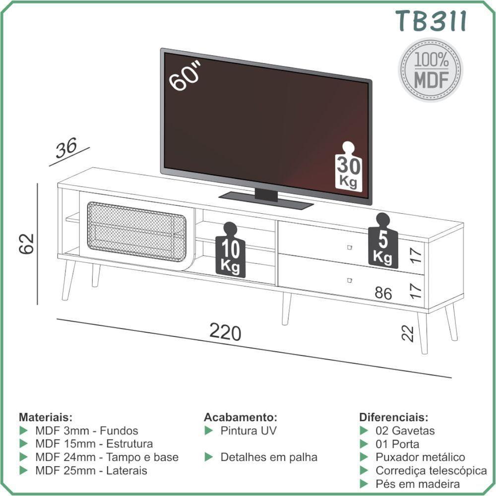 Rack Tela Para Tv Em Mdf 220 Cm Com 2 Gavetas E Porta De Correr Freijó Dalla Costa Tb311jj - 4