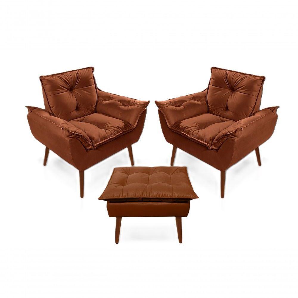2 Poltronas Opala com 1 Puff Decorativas Confortáveis para Sala, Quarto, Recepção - Suede Luxo Terracota - 1