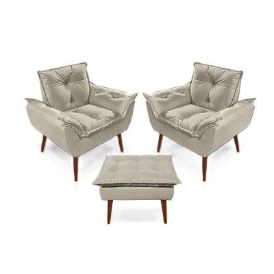 2 Poltronas Opala com 1 Puff Decorativas Confortáveis para Sala, Quarto, Recepção - Suede Luxo Bege