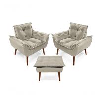 2 Poltronas Opala com 1 Puff Decorativas Confortáveis para Sala, Quarto, Recepção - Suede Luxo Bege - 1
