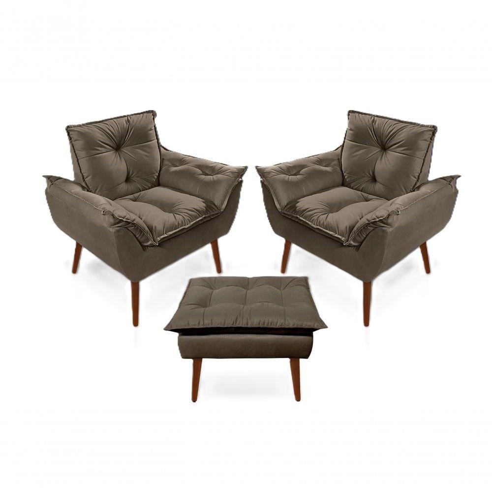 2 Poltronas Opala com 1 Puff Decorativas Confortáveis para Sala, Quarto, Recepção - Suede Luxo Marrom - 1