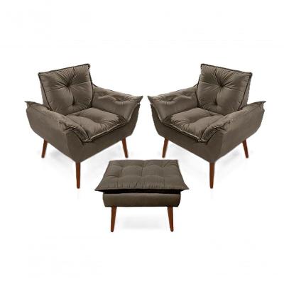 2 Poltronas Opala com 1 Puff Decorativas Confortáveis para Sala, Quarto, Recepção - Suede Luxo Marrom