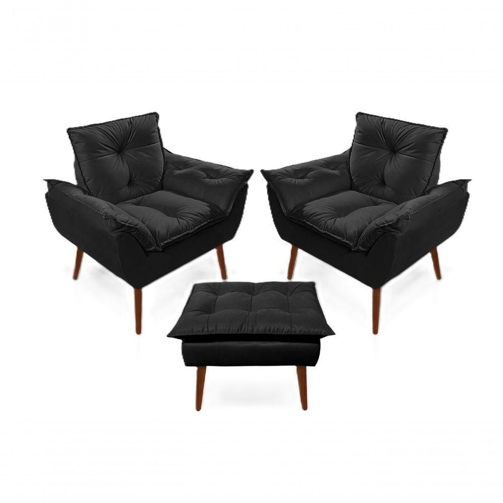 2 Poltronas Opala com 1 Puff Decorativas Confortáveis para Sala, Quarto, Recepção - Suede Luxo Preto - 1