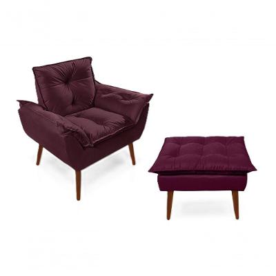 Poltronas para Amamentação com 1 Puff Decorativas Confortáveis para Sala, Quarto, Recepção - Suede Luxo Bordô