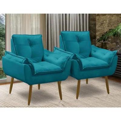 Kit 2 Poltronas Decorativas Opala Confortáveis Para Sala Quarto Recepção Escritório Suede Luxo Azul Tiffany