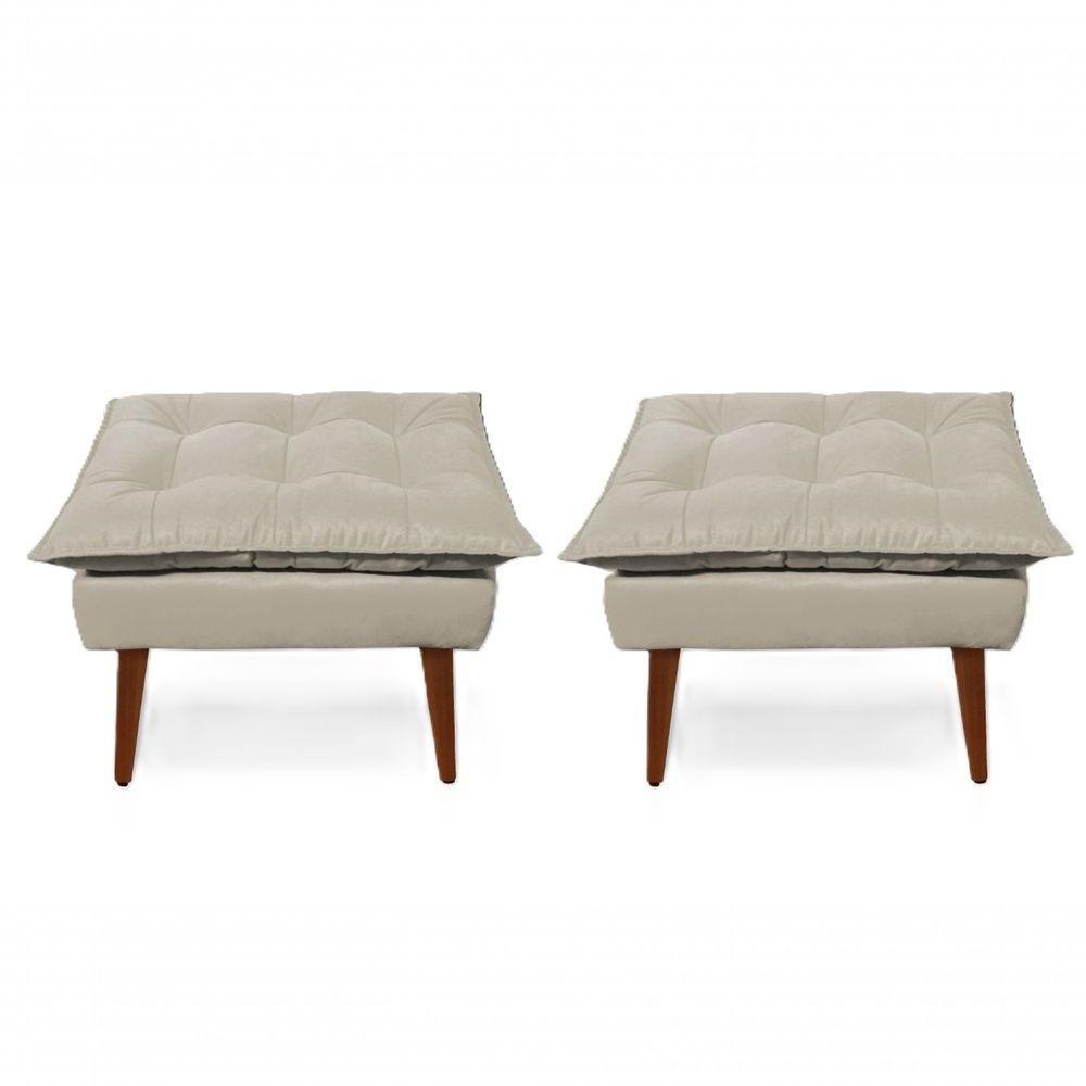 2 Poltronas Opala Com 2 Puff Decorativa Confortável Para Sala Quarto Recepção Suede Luxo Bege - 2