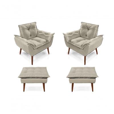 2 Poltronas Opala Com 2 Puff Decorativa Confortável Para Sala Quarto Recepção Suede Luxo Bege