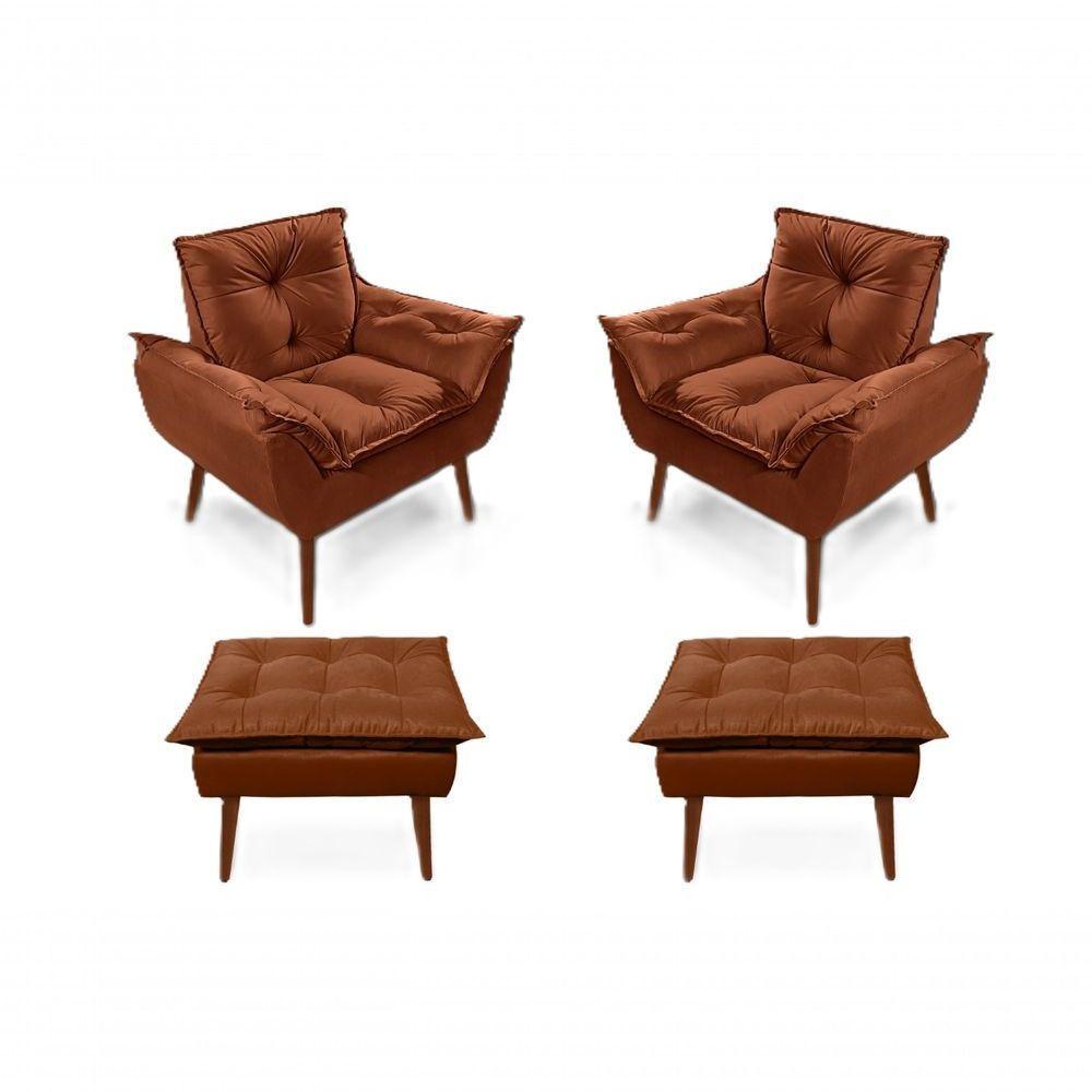 2 Poltronas Opala Com 2 Puff Decorativa Confortável Para Sala Quarto Recepção Suede Luxo Terracota - 1
