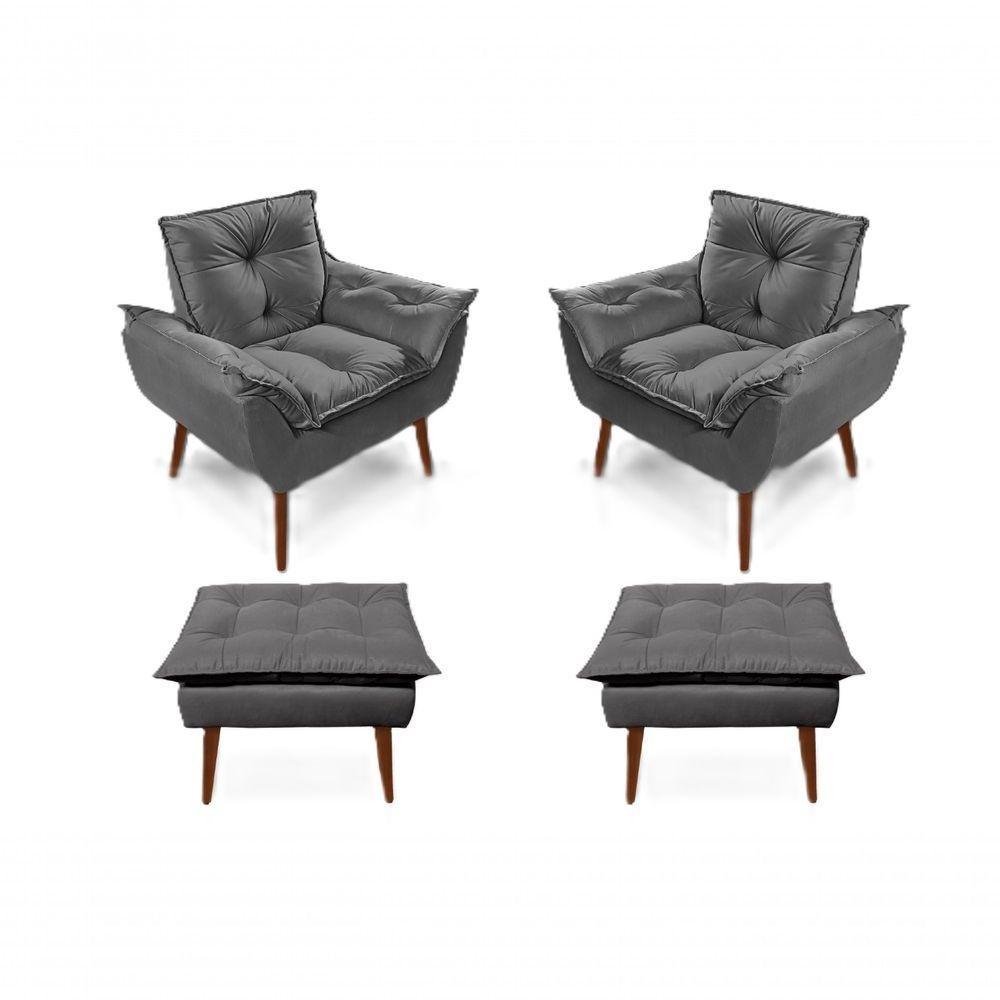 2 Poltronas Opala Com 2 Puff Decorativa Confortável Para Sala Quarto Recepção Suede Luxo Grafite - 1