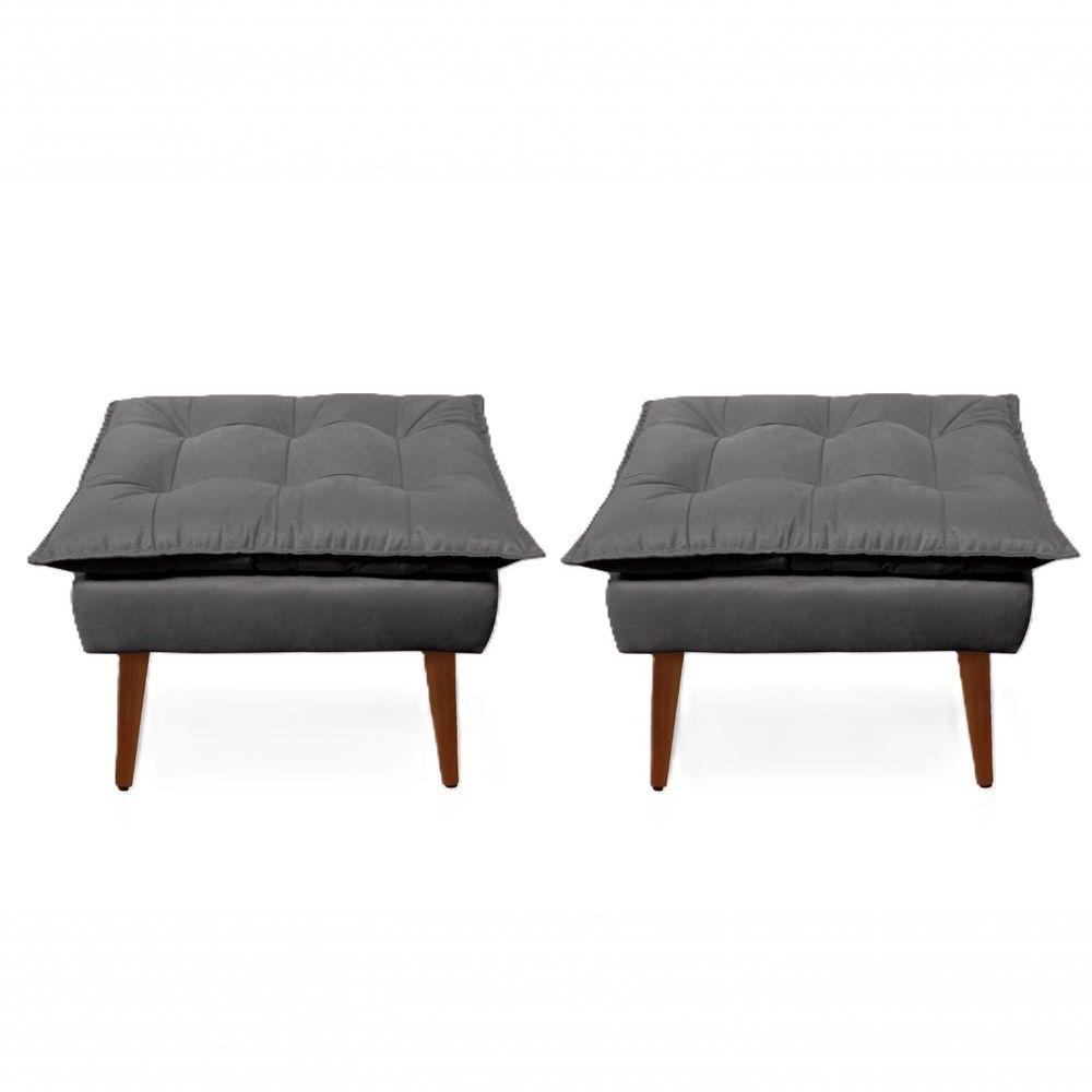 2 Poltronas Opala Com 2 Puff Decorativa Confortável Para Sala Quarto Recepção Suede Luxo Grafite - 2
