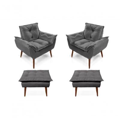 2 Poltronas Opala Com 2 Puff Decorativa Confortável Para Sala Quarto Recepção Suede Luxo Grafite
