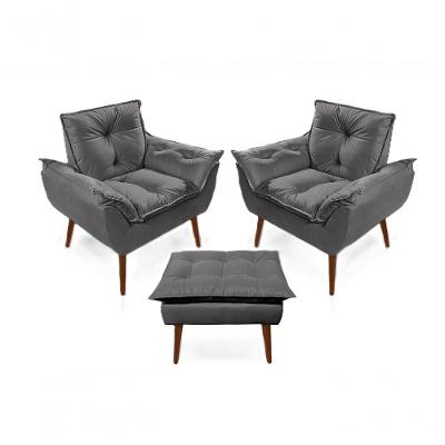 2 Poltronas Opala Com 1 Puff Decorativa Confortável Para Sala Quarto Recepção Suede Luxo - Grafite