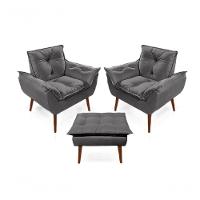 2 Poltronas Opala Com 1 Puff Decorativa Confortável Para Sala Quarto Recepção Suede Luxo - Grafite - 1