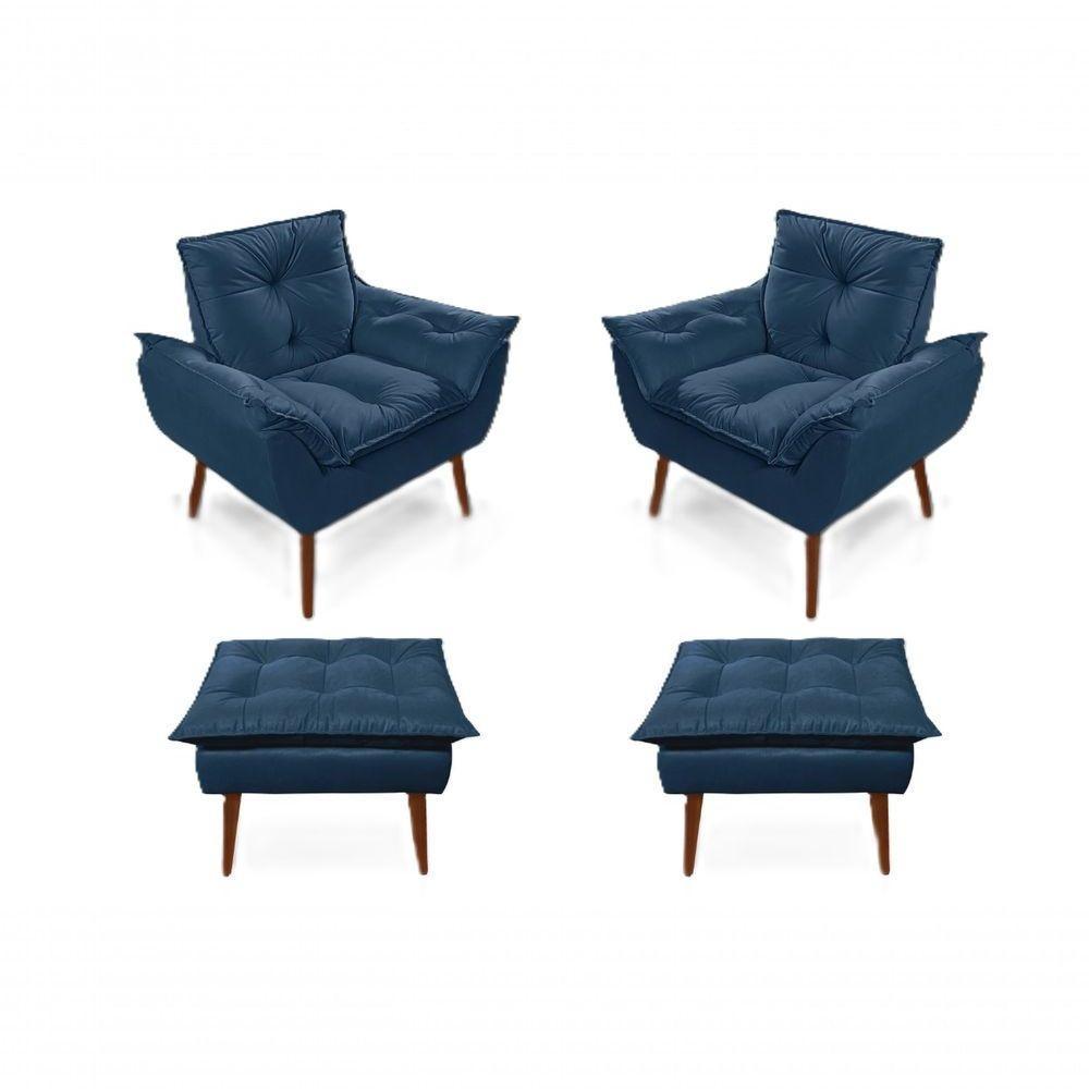 2 Poltronas Opala Com 2 Puff Decorativa Confortável Para Sala Quarto Recepção Suede Luxo - Azul Marinho - 1