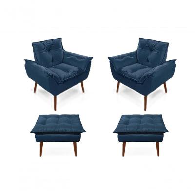 2 Poltronas Opala Com 2 Puff Decorativa Confortável Para Sala Quarto Recepção Suede Luxo - Azul Marinho