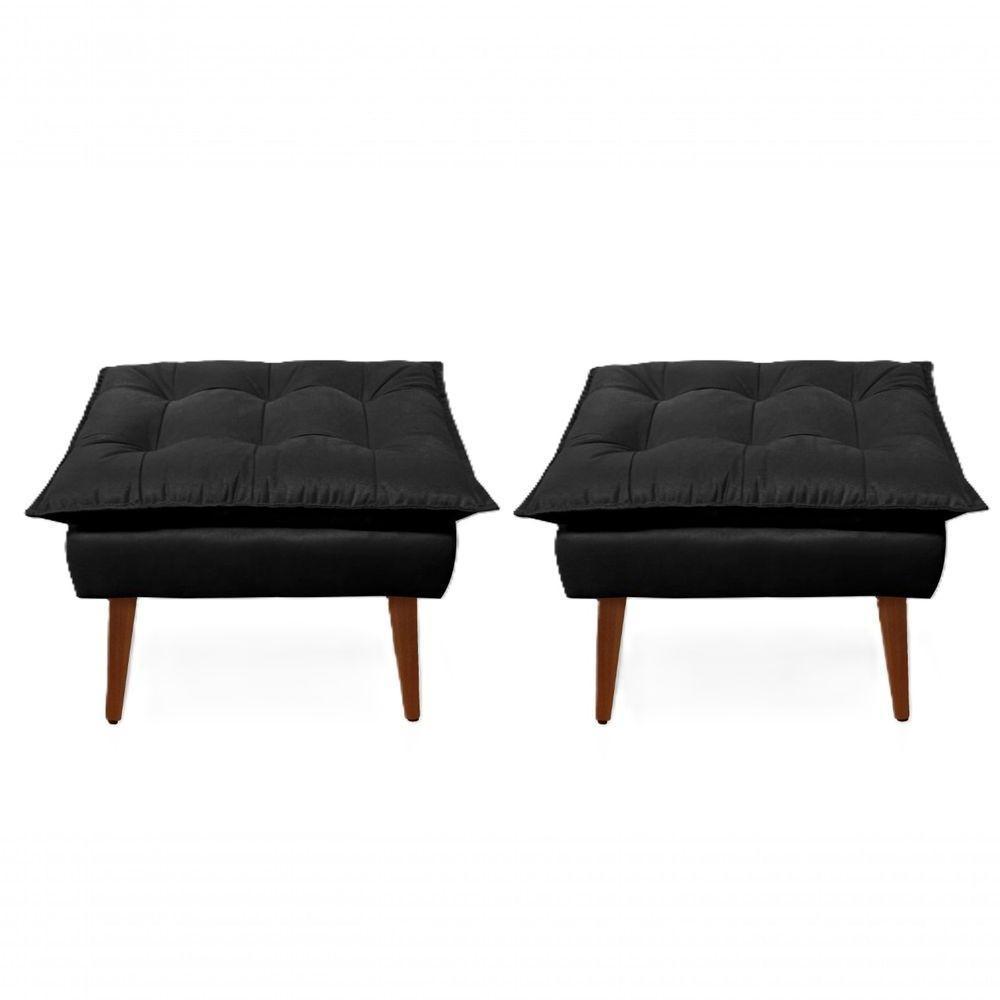 2 Poltronas Opala com 2 Puff Decorativa Confortável para Sala Quarto Recepção Suede Luxo - Preto - 2