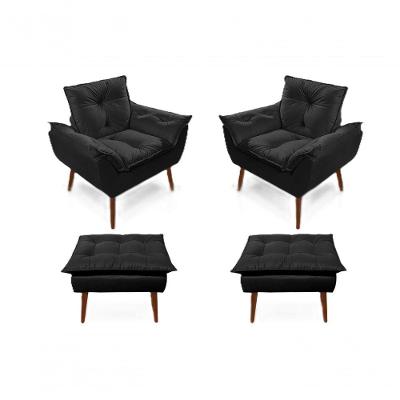 2 Poltronas Opala com 2 Puff Decorativa Confortável para Sala Quarto Recepção Suede Luxo - Preto