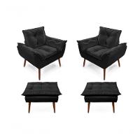 2 Poltronas Opala com 2 Puff Decorativa Confortável para Sala Quarto Recepção Suede Luxo - Preto - 1