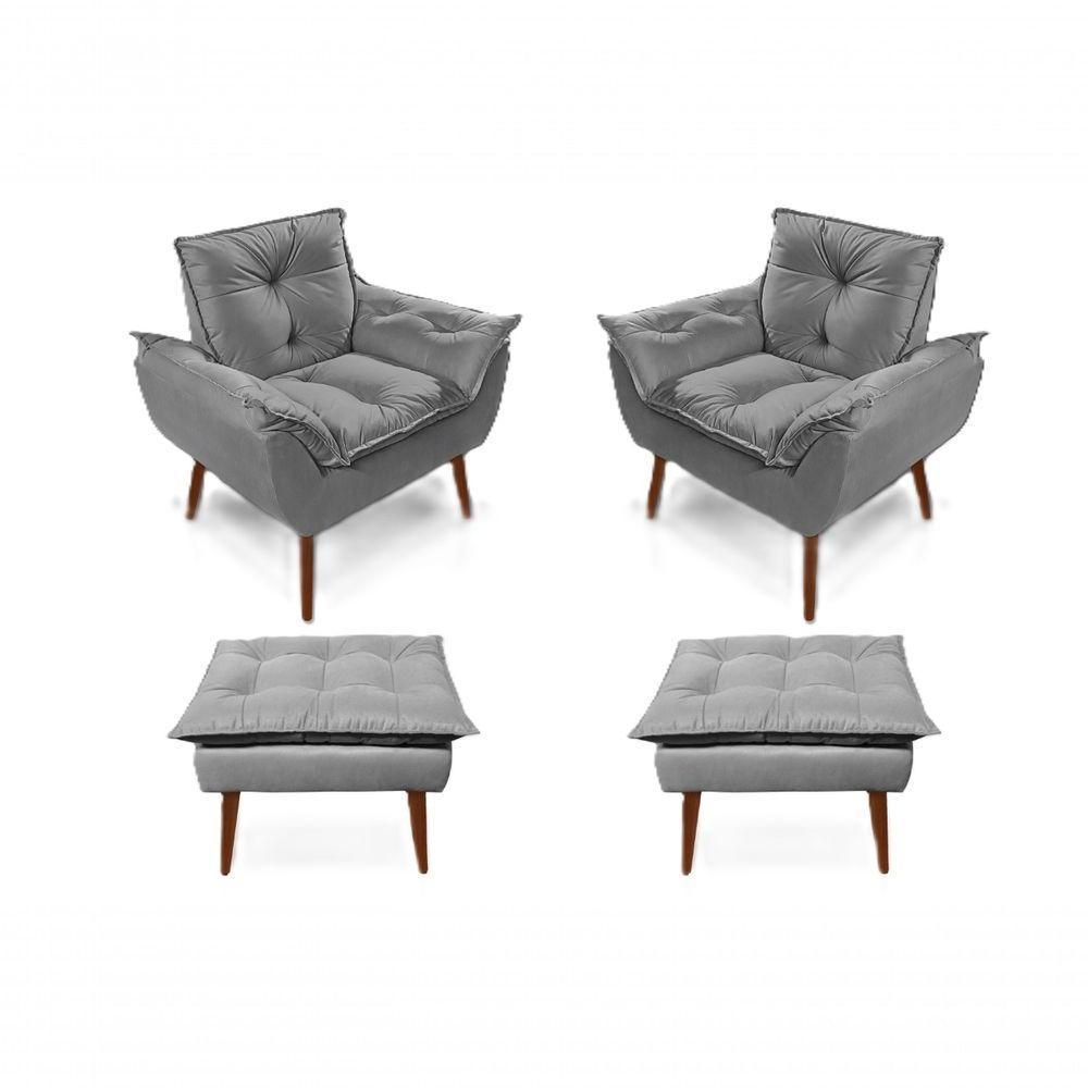 2 Poltronas Opala com 2 Puff Cinza Claro Decorativas Confortáveis para Sala, Quarto, Recepção - Suede Luxo - 1