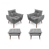 2 Poltronas Opala com 2 Puff Cinza Claro Decorativas Confortáveis para Sala, Quarto, Recepção - Suede Luxo - 1